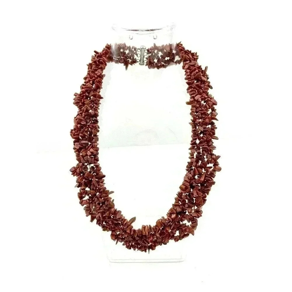 VTG Set Brown Goldstone Speckle Chips Cluster Necklace‎ with Bracelet 925 WJ 18"